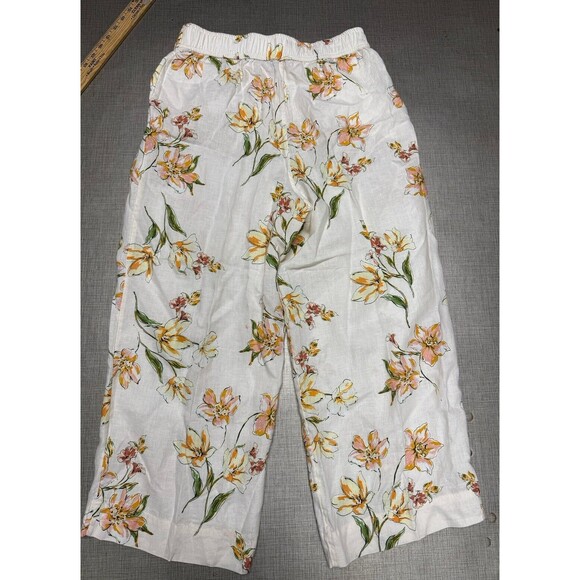 Rachel Roy Linen Pants Womens L Ivory Floral Wide Leg Elastic Waist - Picture 6 of 6